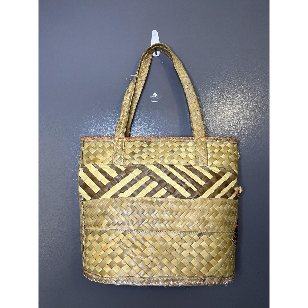 Vintage Straw Tote Bag Womens Large Beige Tropical Floral Applique Lined - Picture 6 of 11